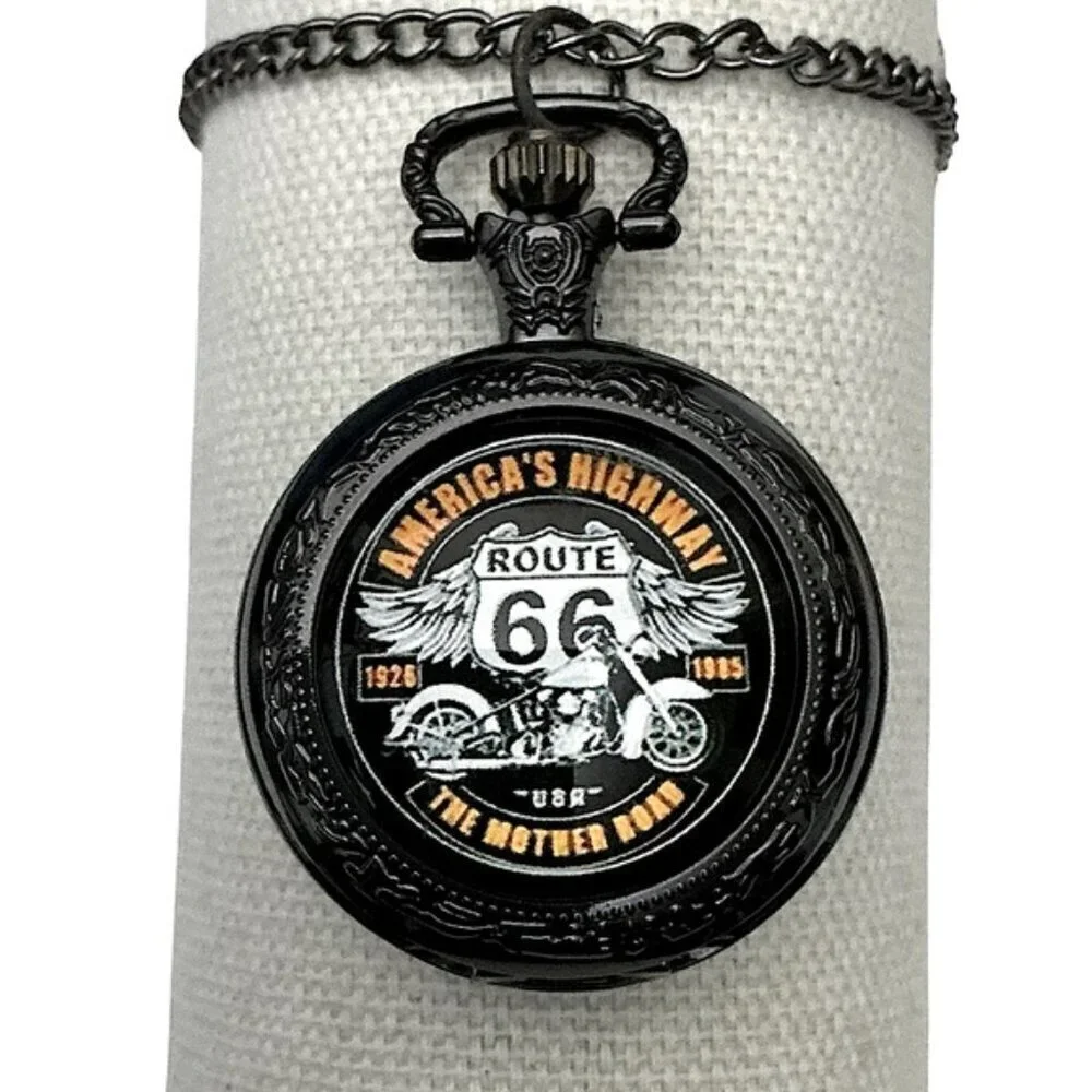 Steampunk Pocket Watch Motorcycle RT 66 Biker Chain Quartz Analog Gift NWT Black